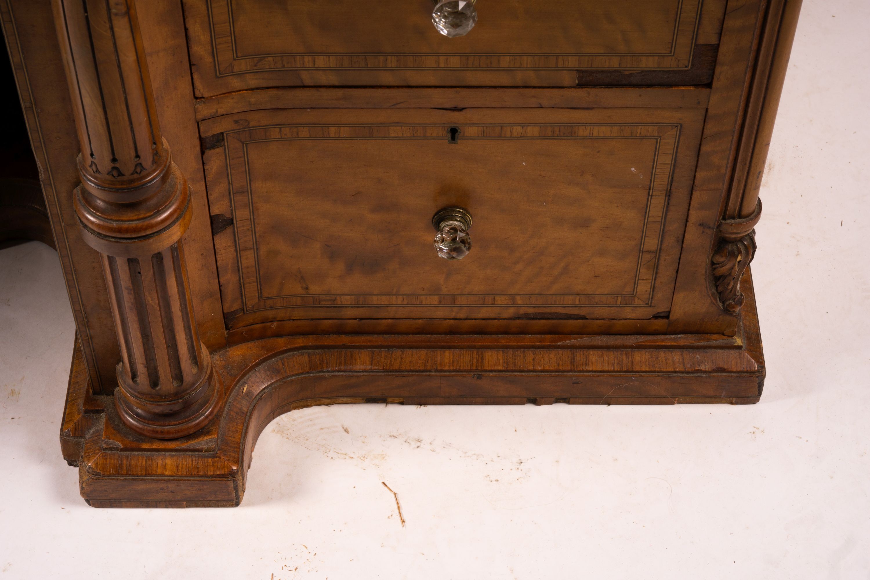 A late Victorian banded satinwood kneehole desk, width 138cm, depth 67cm, height 71cm